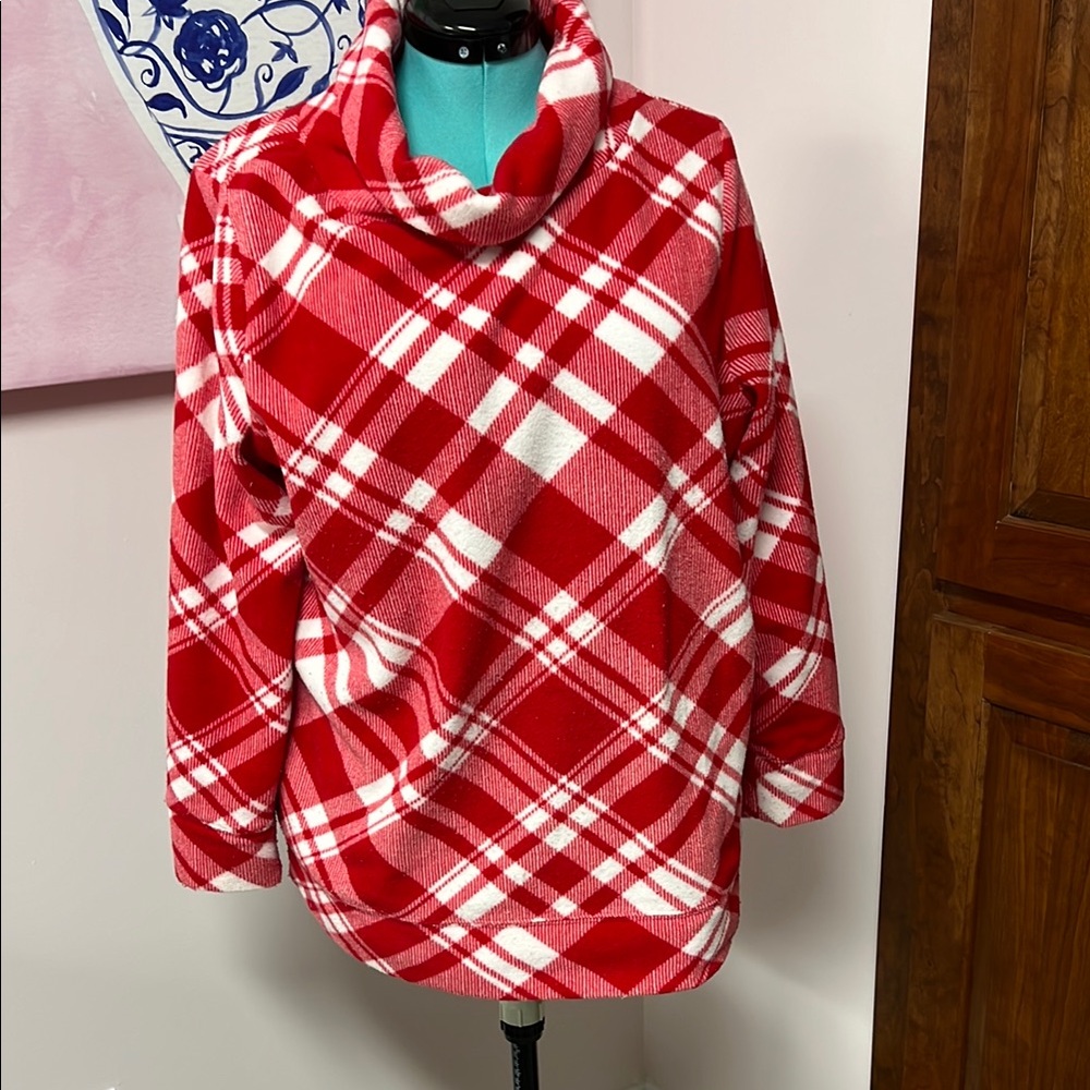 Talbots Red and White Plaid Cowl Neck Sweater